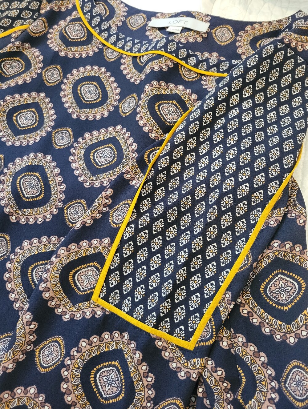 LOFT Navy Paisley-Pattern Long Sleeve Blouse with Yellow Trim - Picture 5 of 6